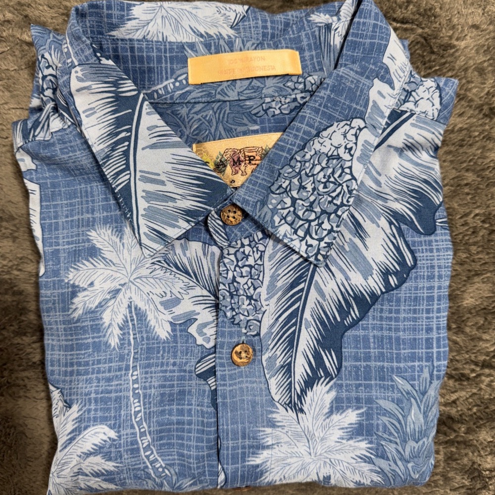 Campia Moda Hawaiian Shirt Mens Large Blue Tropical Palm Pineapple Rayon 1435